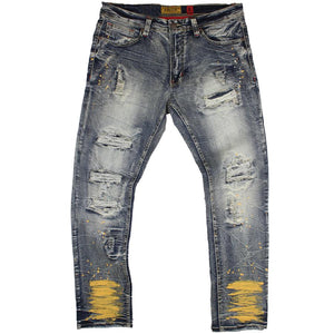 Shredded Denim Jeans W/ Paint Splashes Dirt Wash