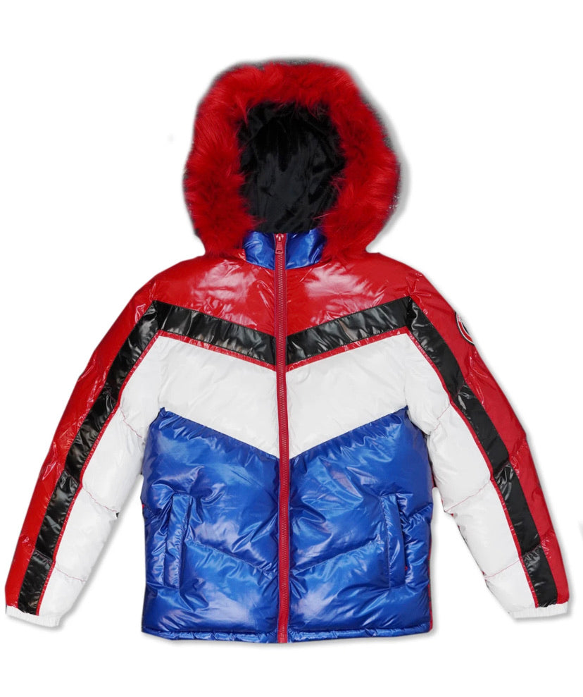 Michael Pu Coated Puffer Jacket-Red/Royal